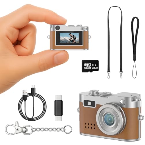 Mini Retro Camera with 1080P Video, 12MP Photos, Keychain Digital Camera, Ultra-Compact Tiny Camera with 32GB SD Card, OTG Adapter, Vintage Little Cameras for Travel, Daily Vlogging (Brown)