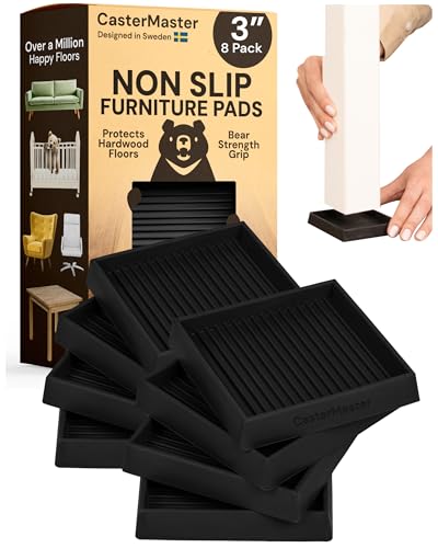 CasterMaster Non-Slip Furniture Pads Square Rubber Anti-Skid Caster Cups, Anti-Sliding Floor Protectors for Furniture (Black, 3'' x 3'' (Pack of 8))