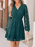 CUPSHE Women Elegant V Neck Lace Peasant Sleeves High Waist A-Lined Wedding Mini Dress Hunter Green, M