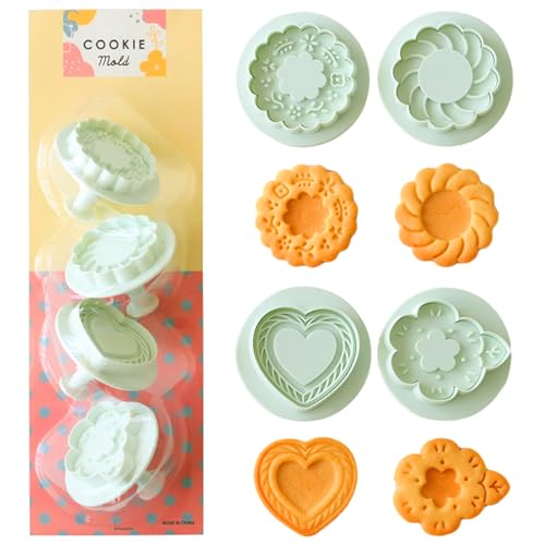 Sinsanye Jam Cookie Cutters Set of 4, Thumbprint Pop-Out Valentine's Day Cookie Cutters, Flower Heart Cookie Mold for Anniversary, Birthday, Engagement and Valentines' Day, Wedding