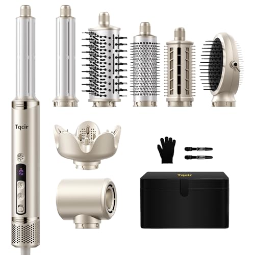 Tqcir 8-in-1 Professional Hot Air Styler&Hair Dryer Brush, Powerful Multi-Styler with Auto-Wrap Curler with Storage Case, Fast Drying Curling Straightening Volumizing Without Heat Damage(Gold)