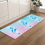 Ombre Blue Pink Kitchen Rug, Ocean Shark Colorful Mer-Maid Silhouette Washable Bath Shower Door Welcome Runner Area Rug Mat Carpet for Bedroom Bathroom Living Room Accent Throw Desk Rug, 20x47