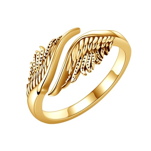 AXOMY Angel Wing Ring 925 Sterling Silver Feather Angel Wing Adjustable Open Thumb Ring Angel Christian Religious Jewelry Mothers Gifts for Women Mom Grandma(Gold)