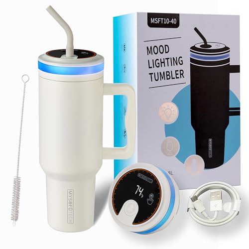 MySofuTech Smart Water Bottle with Reminder to Drink Water|Smart Tumbler with Mood Lighting For Camping |LED Glow Reminder When You Need to Drink| Straw Lid,40oz,Insulated Stainless Steel(Cream)