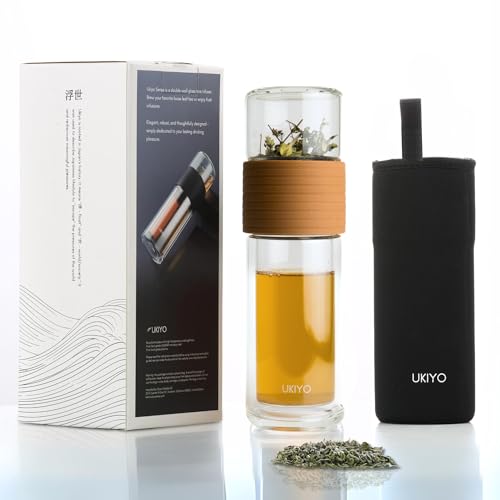 Ukiyo Sense Premium Double-Wall Glass Tea & Fruit Infuser Bottle - Travel Tumbler with Stainless Steel Filter and Neoprene Sleeve