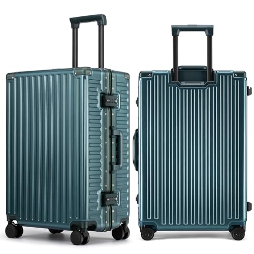 ROAMING Zipperless Luggage 24 Inch with Aluminum Frame, 3-Layer PC Trunk-Medium Lightweight Hard Shell Suitcase with Spinner Wheels, Metal Travel Luggage with Double TSA Locks, Dark Night Green