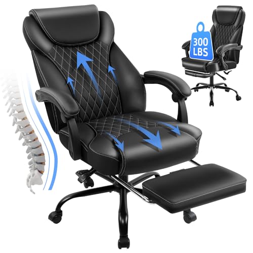 amseatec Office Chair, Big and Tall Office Chair with Foot Rest Ergonomic Office Chair Home Office Desk Chairs Reclining High Back Leather Chair with Lumbar Support(Black)