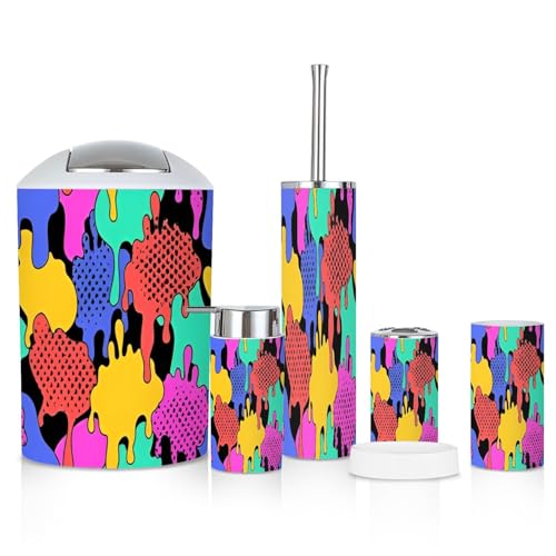 6 Piece Bathroom Accessories Set Comic Dripping blots pop Art Graffiti Style Funky Paint Drips Staines Trash can Toilet Brush Holder Toothbrush Holder Toothbrush Cup Soap Dispenser Soap Dish Boho