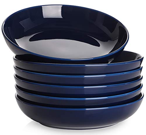 Y YHY Pasta Bowls, 30oz Soup Bowls Salad Bowls Large Serving Bowl Porcelain Pasta Plates Wide and Shallow Bowls Set of 6 Microwave Dishwasher Safe, Blue
