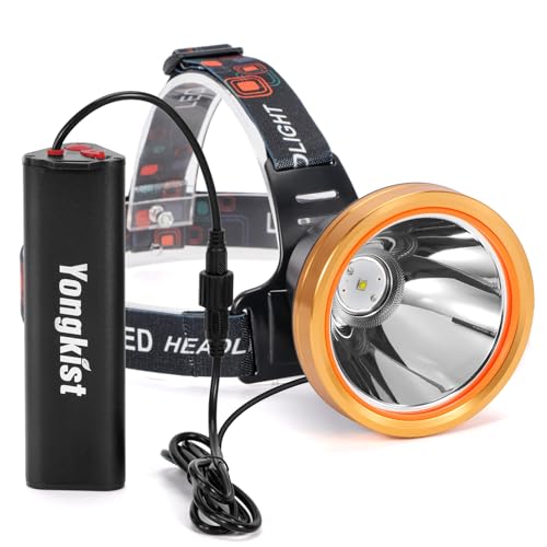 Yongkist Super Bright Headlamp High Power Headlight Rechargeable LED Spotlight with Battery Powered Flashlight Torch Waterproof Coon Hunting Light for Garden Outdoor Camping Fishing (White Light)