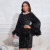 Cololura Sexy Elegant Sequin Long Flared Sleeve Feather Pearls Embellished Bodycon Midi Dress Formal Party Evening Gown Black