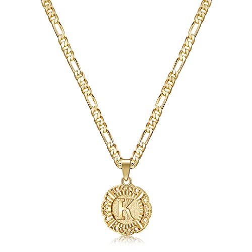 KissYan Initial Necklaces for Women, 14K Gold Plated Round Letter Capital Monogram Pendant Alphabets from A-Z Figaro Chain Jewelry (Gold K)