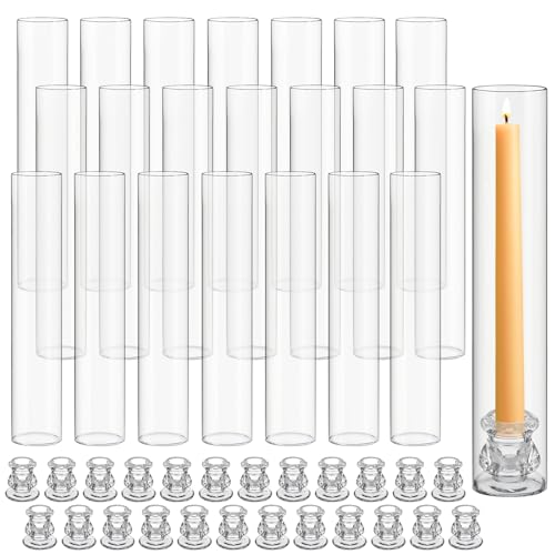 Teenyyou 24 Set Glass Hurricane Candle Holders 12.6" Open Ended Glass Candleholder Tube Shape Bottomless and 2.2" Taper Clear Candlestick Holders for Wedding Party Table Centerpiece (Classic)