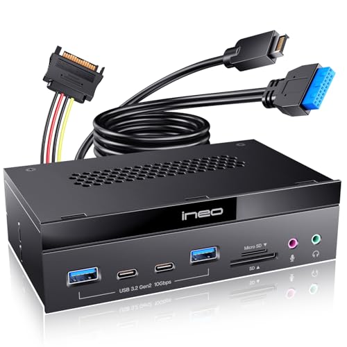 ineo 5.25" 10Gbps USB 3.2 Front Panel Card Reader with Audio Ports - SD/microSD Internal Reader, USB3.2 Type-E Key-A 20-Pin & USB3.0 Header, 15-Pin SATA Power[3570I]