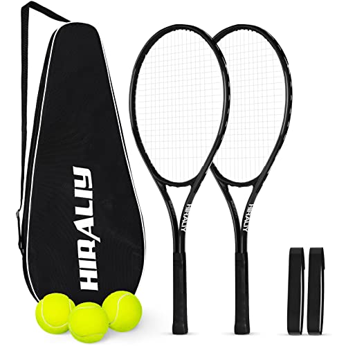 HIRALIY 27" Tennis Rackets Set for Adults,2 Player Pre-Strung Tennis Racquets,2 Overgrip Tapes,3 Balls, and 4 Carrying Bag,Outdoor Recreational Sport for Beginner,Men,Women(Black)