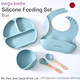 Baby Feeding Essentials Silicone Ange Smile 12 Set Bib, Baby Bowl, Suction Plate, Spoon, Fork Eating Utensils for 6+ Months Kids Toddler Kawaii (Blue)