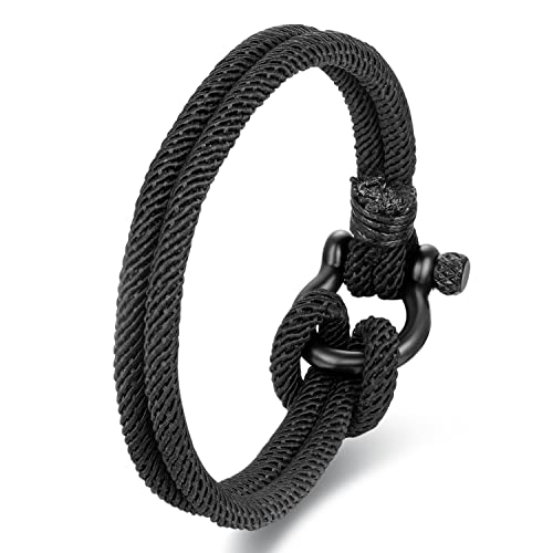 BIYONGDE Black Nautical Sailor Rope Wrap Bracelet Wristband Bangle Steel Screw Marine Anchor Shackles, Two-row