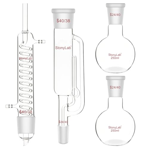 stonylab Soxhlet Type Extraction Kit, Borosilicate Glass 40/38 Soxhlet Extractor with Graham Condenser and Two 250 ml 24/40 Flat Bottom Flasks for Extraction Processes