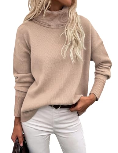 Zeagoo Women's Turtleneck Sweater 2024 Fall Winter Chunky Knitted Pullover High Low Hem Trendy Basic Jumper Top Khaki