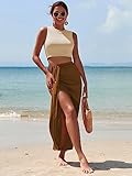 ZAFUL Women's Summer Two Piece Outfits Crop Tops and Slit Draped Ruched Maxi Skirt Set Tank Dress Sets Beach Cover Ups (B-Beige & Coffee, L)