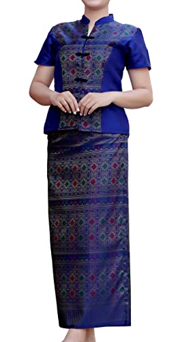 RaanPahMuang Luxurious Thai Silk Dress Chinese Front Cut Stitch Outfit, Medium, Chinese Collar - Zaffre Blue