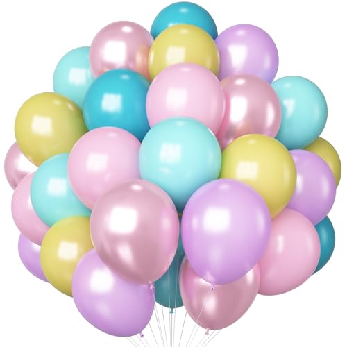 HILAVO Pastel Balloons 60 Pcs Metallic Pink Purple Teal Blue Yellow Multicolor Latex Balloon Macaron Rainbow Pastel Color Party Balloons for Girls Birthday Baby Shower Bridal Wedding Party Decorations