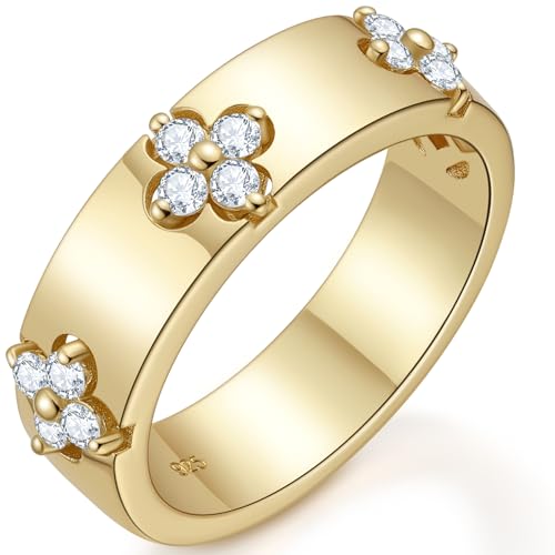 TIMELESSTAR Clover Moissanite Rings for Women Wedding Bands 925 Sterling Silver 14K Chunky Gold Plated Non Tarnish Stackable Dainty Diamond Ring Promise for Her Engagement Eternity Anniversary Size 7