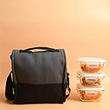 Femora Borosilicate Glass Square Container Grey Black Canvas Lunch Box-300ml, Set of 3 Standard Medium Grey