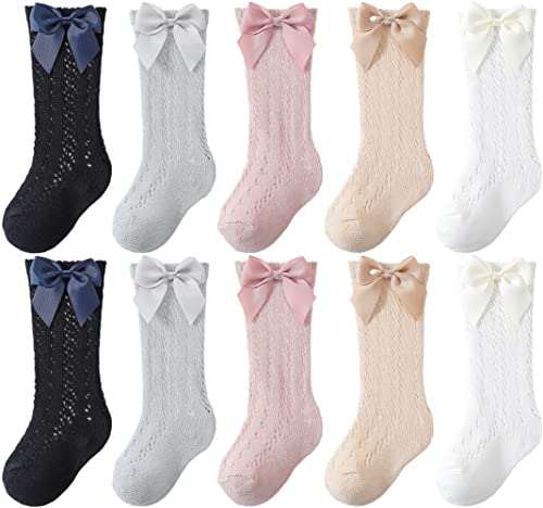 Toptim Kids Girls' Knee High Socks Children's Bows Long Stockings Dress Socks Breathable Mesh (4-6 Years, Pairs of 5)