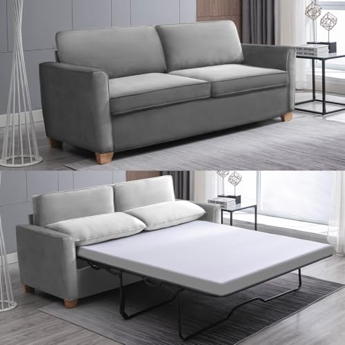ZAFLY 77" Queen Sofa Bed, Convertible Pull Out Sleeper Sofa Bed, 2 in 1 Guest Beds with Memory Foam Mattress & Cushions Pillow, Velvet Modern Pull Out Couch Beds for Home, Apartment - Light Grey