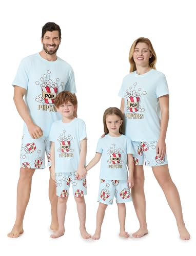 PATPAT Matching Family Pajamas Mommy and Me Pajamas Matching Set Short Sleeve Popcorn Printed Tops and Shorts 2 Piece Lounge Sets Mom and Daughter Light Blue Adults Couples Matching Pjs for Women XL