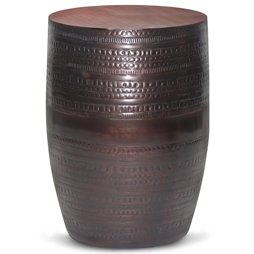 SIMPLIHOME Johnsen Metal Table - 15 inch Wide Solid Iron Drum Accent Table in Oil Rubbed Bronze with Tribal Pattern, Round Boho End Table for Living Room, Bedroom, or Home Office, Fully Assembled