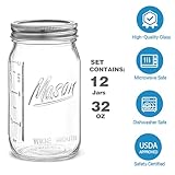 Wide Mouth Mason Jars 32 oz - 12 Pack Large Glass Mason Jars with Airtight Lids and Bands, 1 Quart Mason Jars for Pickling, Canning, Fermenting and Food Storage, Microwave & Dishwasher Safe