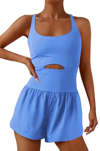ReachMe Womens Running Onesie Workout Rompers Athletic Romper One Piece Outfits Exercise Jumpsuits Gym Yoga Clothes(Blue,S)