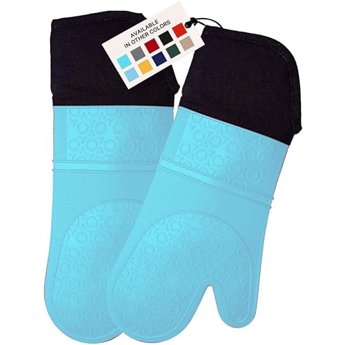 BPA-Free Soft Silicone Oven Mitts - Ultra Heat Resistant Oven Mitts with Thick Cotton Liner - Extra Long Slip Resistant Pot Holders, Flexible Oven Gloves - Aqua/Black 14.7"
