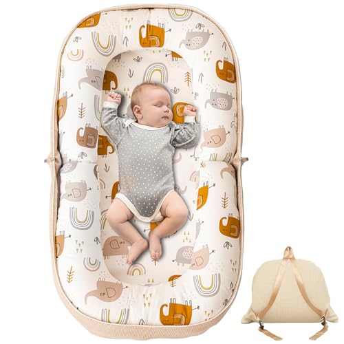 GloTika Baby Lounger, Foldable Infant Nest Pillow with Soft Memory Foam Mat, Cover with Adorable Pattern, Converts to Backpack for Easy Travel, 0-12 Months, White
