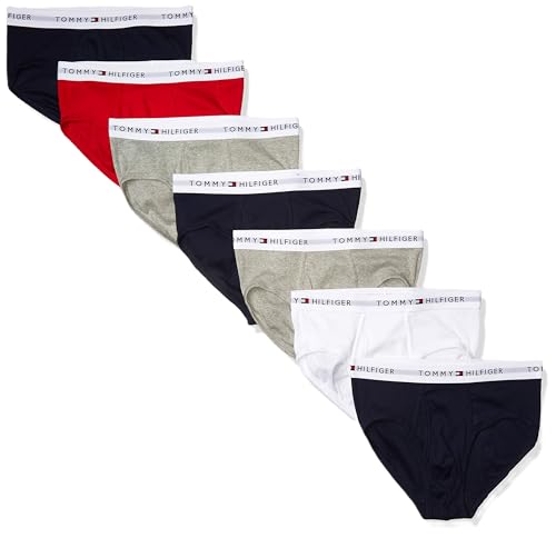 Tommy Hilfiger Men's Underwear Cotton Classics Megapack Brief-Amazon Exclusive, 3 Navy, 2 Grey Heather,1 RED, 1 White, L