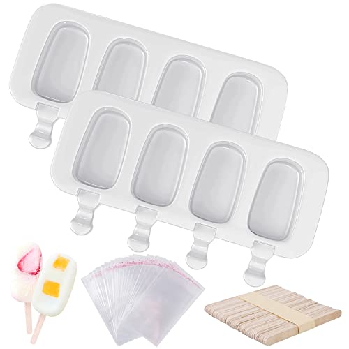 Ozera 2 Pack Popsicles Molds Set, Silicone 4 Cavities Oval Popsicle Cake Pop Molds for Homemade Cakesicles, with 50 Wooden Popsicle Sticks & Bags