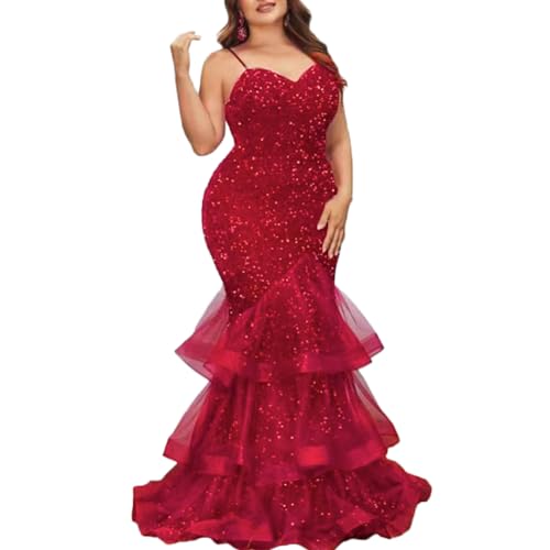 dasmzper Women Sexy Sleeveless Sequin Mesh Patchwork Maxi Dress Red Plus Size Sling Cocktail Party Formal Gowns
