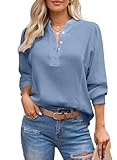 Astylish Womens Shirt 2024 Lantern Sleeve Button Comfortable Cotton V-Neck Oversized Chic Blouses and Tops Dressy Blue Medium