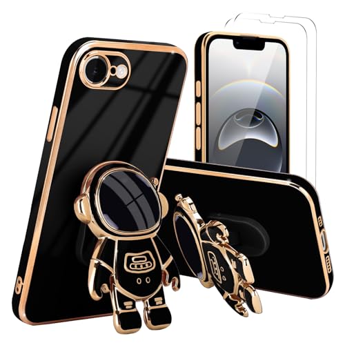 Pepmune for iPhone 16e Case, Cute 3D Astronaut Stand with [2 Screen Protector] [Camera Protection] Kickstand Shockproof Bling Silicone Soft Phone Back Cover for Apple iPhone 16e Case, Black