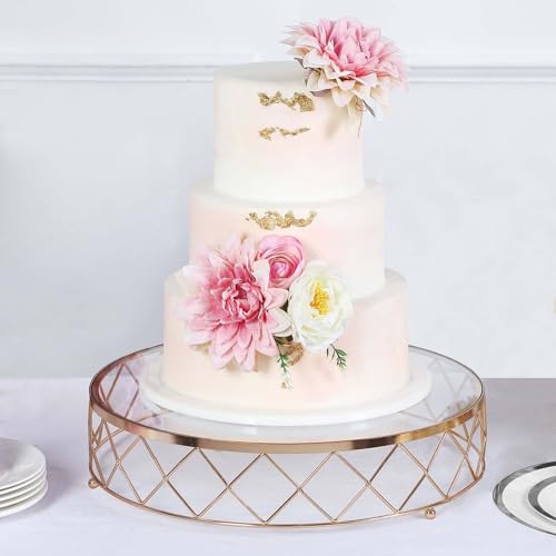 Efavormart 14" Round Metal Geometric Cake Stand Cake Riser with Glass Top Glossy Metallic Finish for Dessert Cupcake Pastry Candy Display Plate Event, Birthday Party