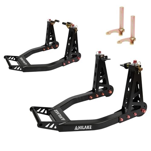 HILAKE Aluminum Motorcycle Stands Front and Rear 880lbs Heavy Duty Wheel Lift Combo Swingarm Spool Peddock Stand for Yamaha Honda Kawasaki Suzuki U+L Black