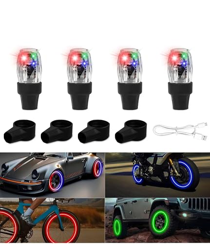 Tire Valve Light, Tire Valve Cap Lights, Glow in The Dark LED Tire Valve Lights, LED Colorful Wheel Lights, Waterproof Flash Light Tire Valve Cap Lamp for Car Truck Motorcycle Bike Lights (4 PCS)