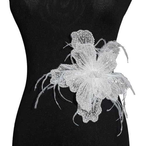 HHQ 3D Beaded Flower Applique with Feather Sequin Patches Sew on for Women Hat Decoration Wedding Dresses DIY Decorative Clothes (White)