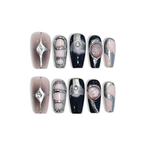 TENPAL Press On Nails Coffin,Sweet Edgy Crystal Cat Eye Nails with Pink/Black Galaxy Design,Hand-Painted Metallic Lines Aurora False Nails, Holographic Y2K Embossed Fake Nails 10pcs with Tools(S)