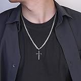 Besteel 925 Sterling Silver Cross Necklace Beveled Edge for Men Women 5mm Stainless Steel Diamond Cut Durable Cuban Link Curb Chain Crucifix Pendant Necklace Jewelry 22 Inches