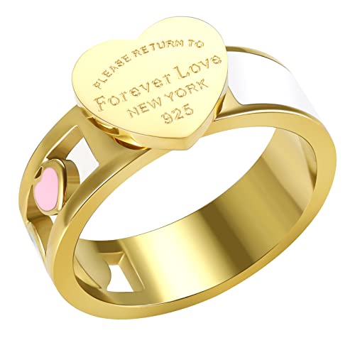 JINHUI Gold Ring Band for Women, Forever Love Ring Engraved, Dainty Graduation Jewelry (Gold, 7)