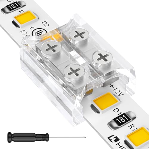 HitLights 26 Pack LED Connector 2 Pin 10mm Solderless LED Tape Light Connector Transparent LED Strip Light Connectors with Screwdriver Strip to Strip for 12V 24V Single Color LED Light Strip