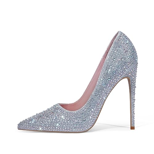 Elisabet Tang Pointed Toe High Heel Glitter Rhinestone Heels Sparkly Prom Shoes Stiletto Wedding Heels for Bride Shoes for Women Silver Glitter Size 8